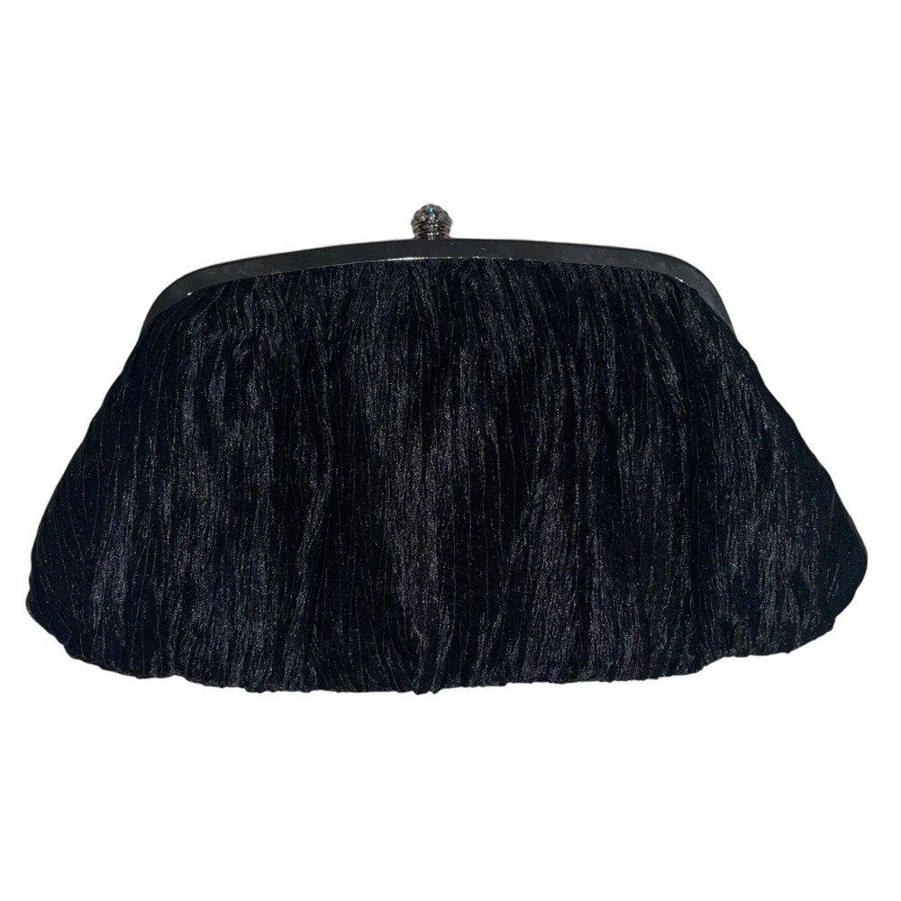 NEIMAN MARCUS Vintage Ruched Silk Black Clutch Bag Silver Frame with Crystals